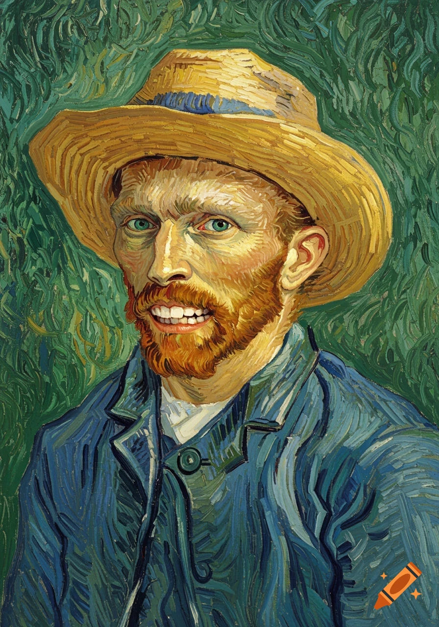A self-portrait painting in Van Gogh's style, depicting a man with a reddish beard, a straw hat, and a blue jacket, smiling.