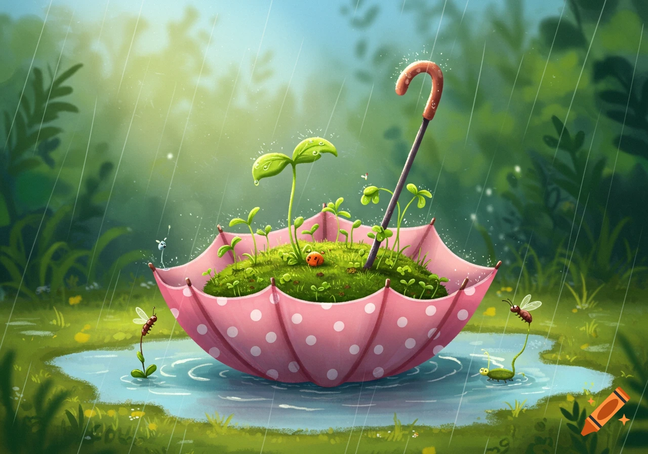 Whimsical illustration of an upside-down pink polka-dotted umbrella filled with plants and a ladybug in the rain.