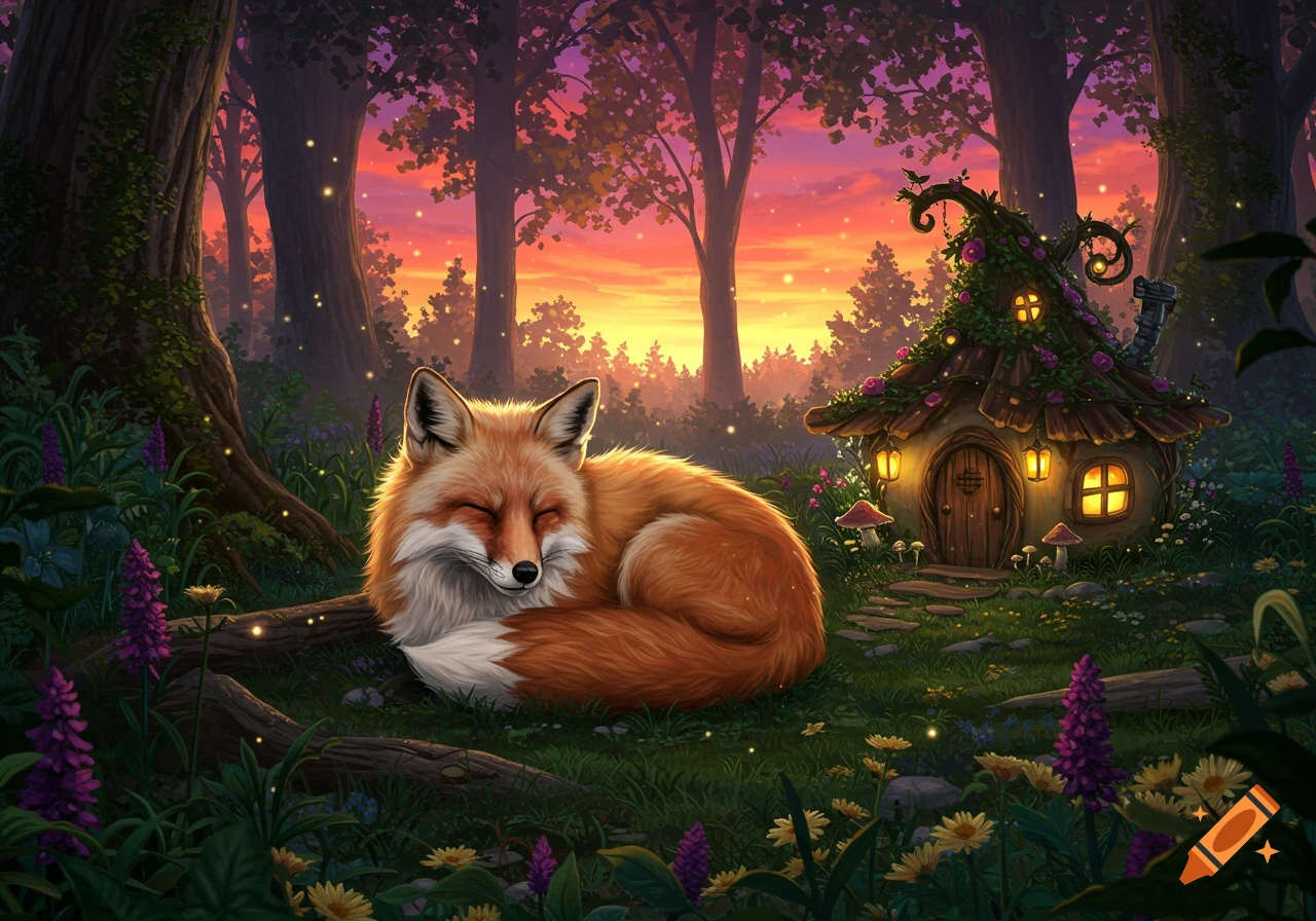 A sleeping fox curled up beside a whimsical fairy house in a mystical forest at sunset, in an anime-realistic style.