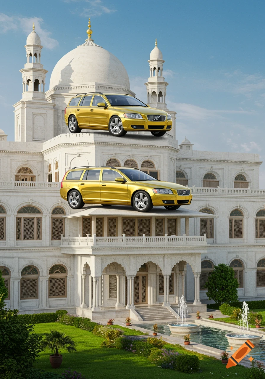 Two gold Volvo station wagons parked on the ornate white roofs of a grand mansion with a garden and fountains under a blue sky.