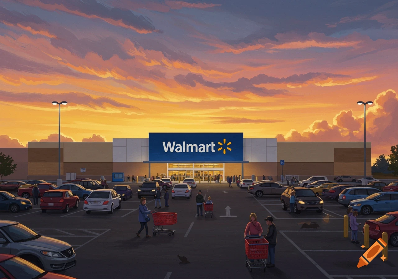 An illustrated view of a Walmart store and its parking lot at sunset, with customers walking towards the entrance.