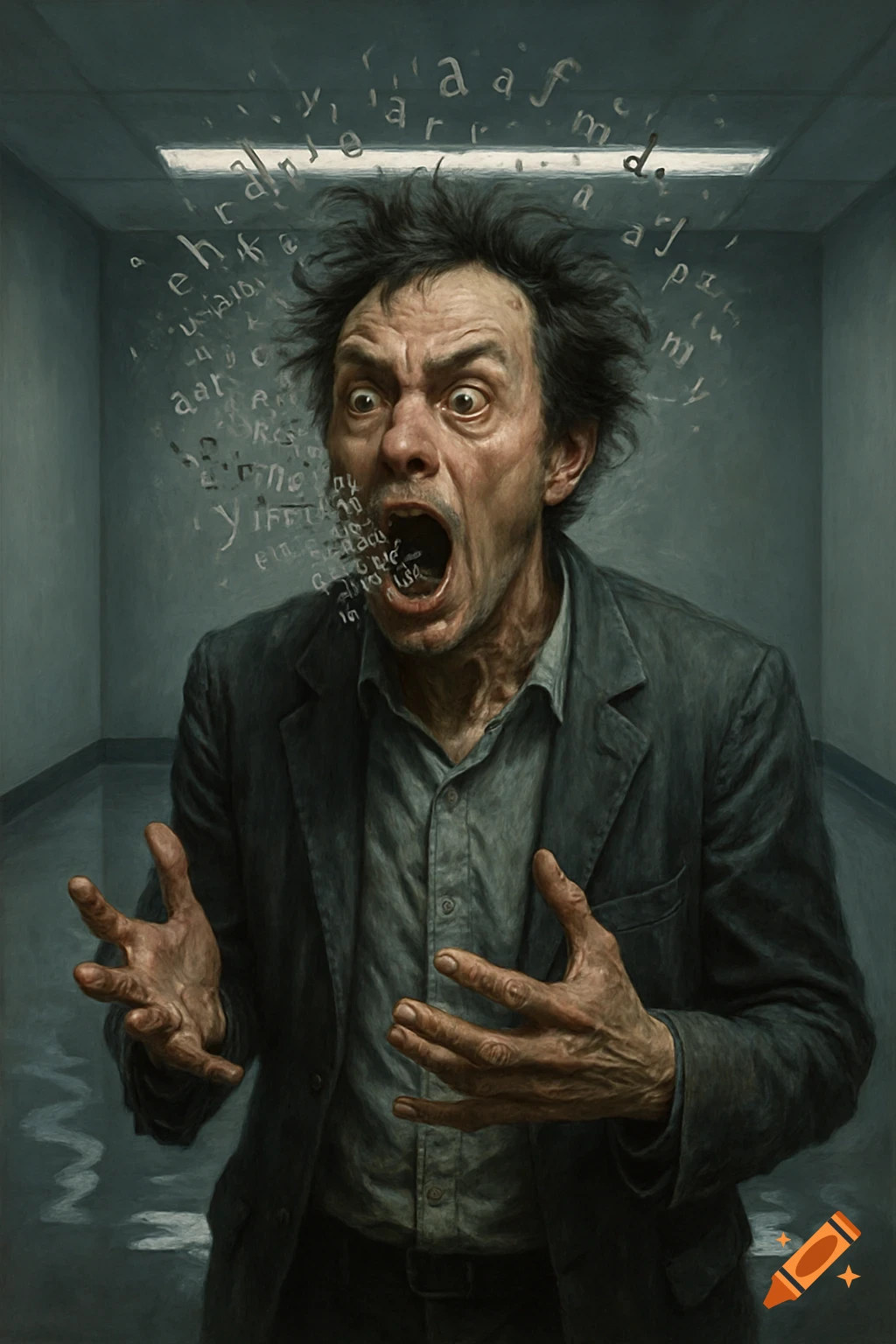 A man screams with wide eyes as jumbled letters float around his head and from his mouth. Realistic, painterly style.