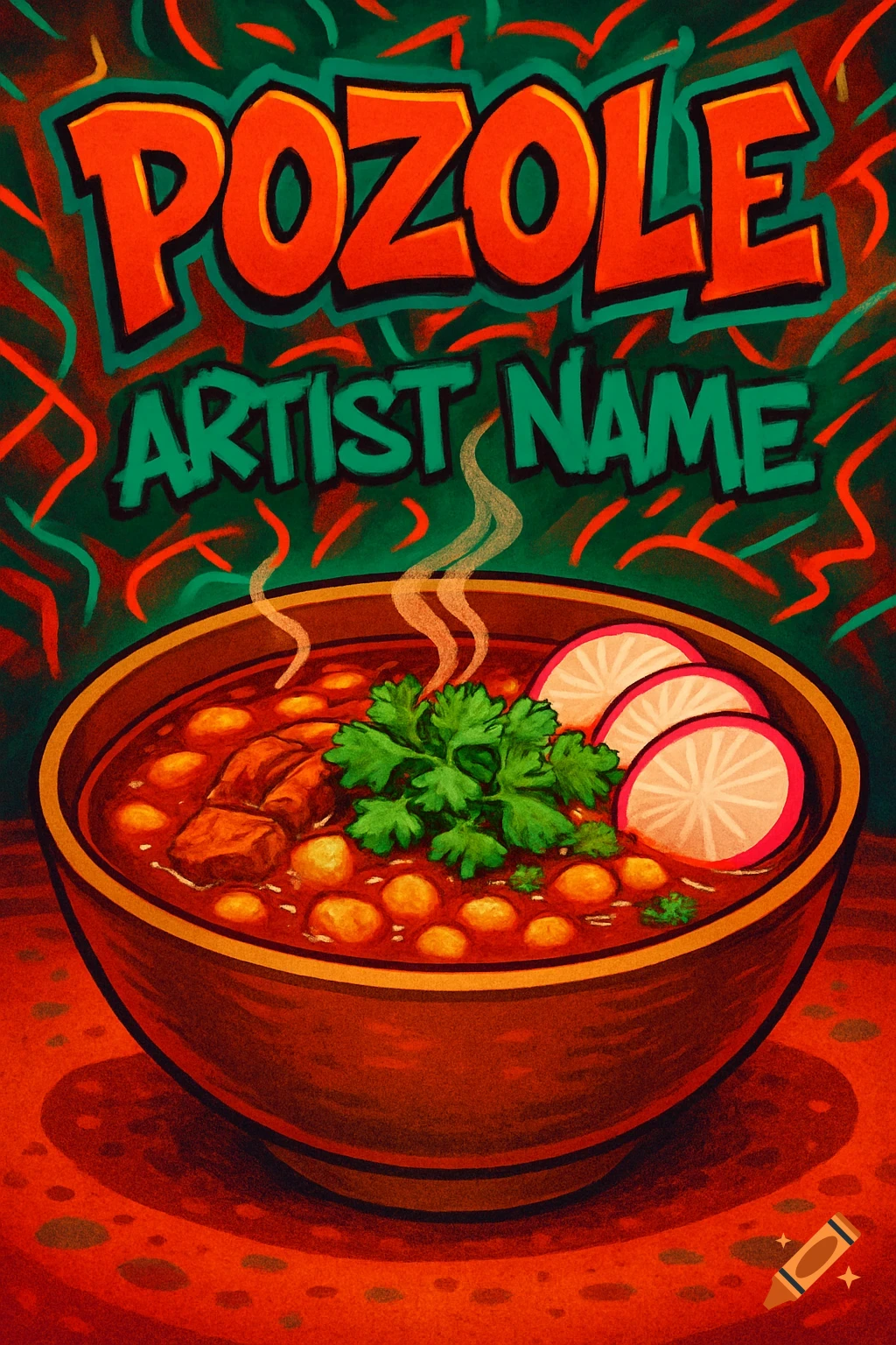 An illustrated rap album cover featuring a steaming bowl of pozole with "POZOLE" and "ARTIST NAME" in bold, colorful text.