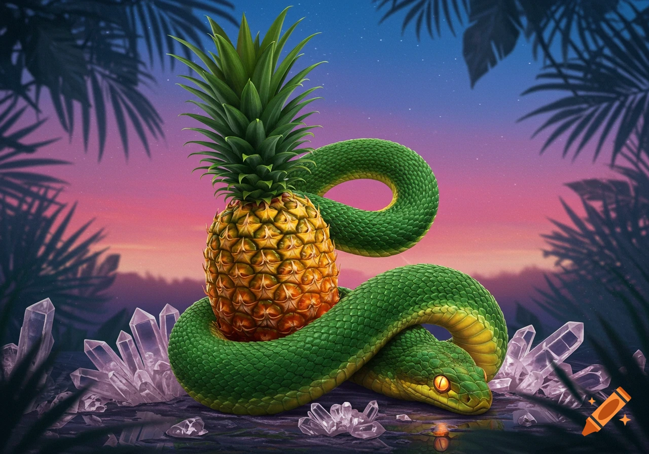 A green snake coiled around a pineapple, surrounded by white crystals, with tropical foliage and a sunset sky in the background.
