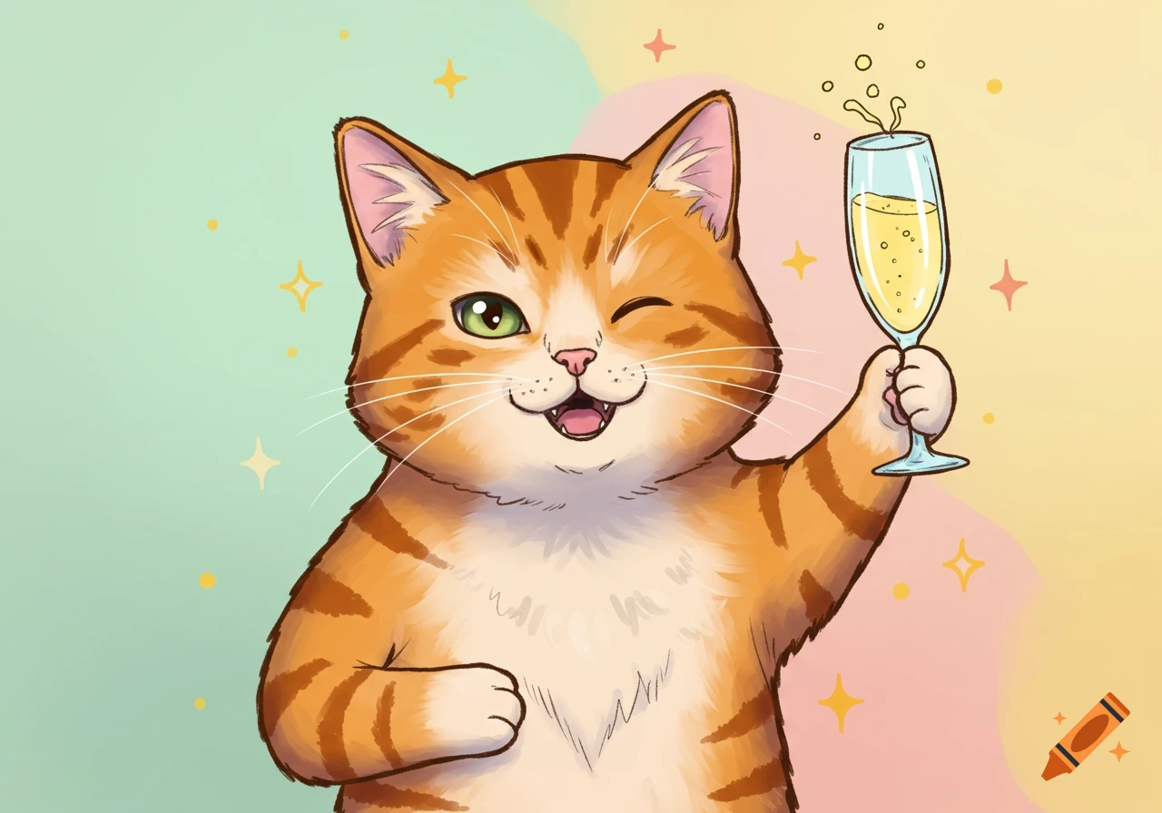 A cute cartoon orange tabby cat winks and smiles while holding up a glass of sparkling champagne.