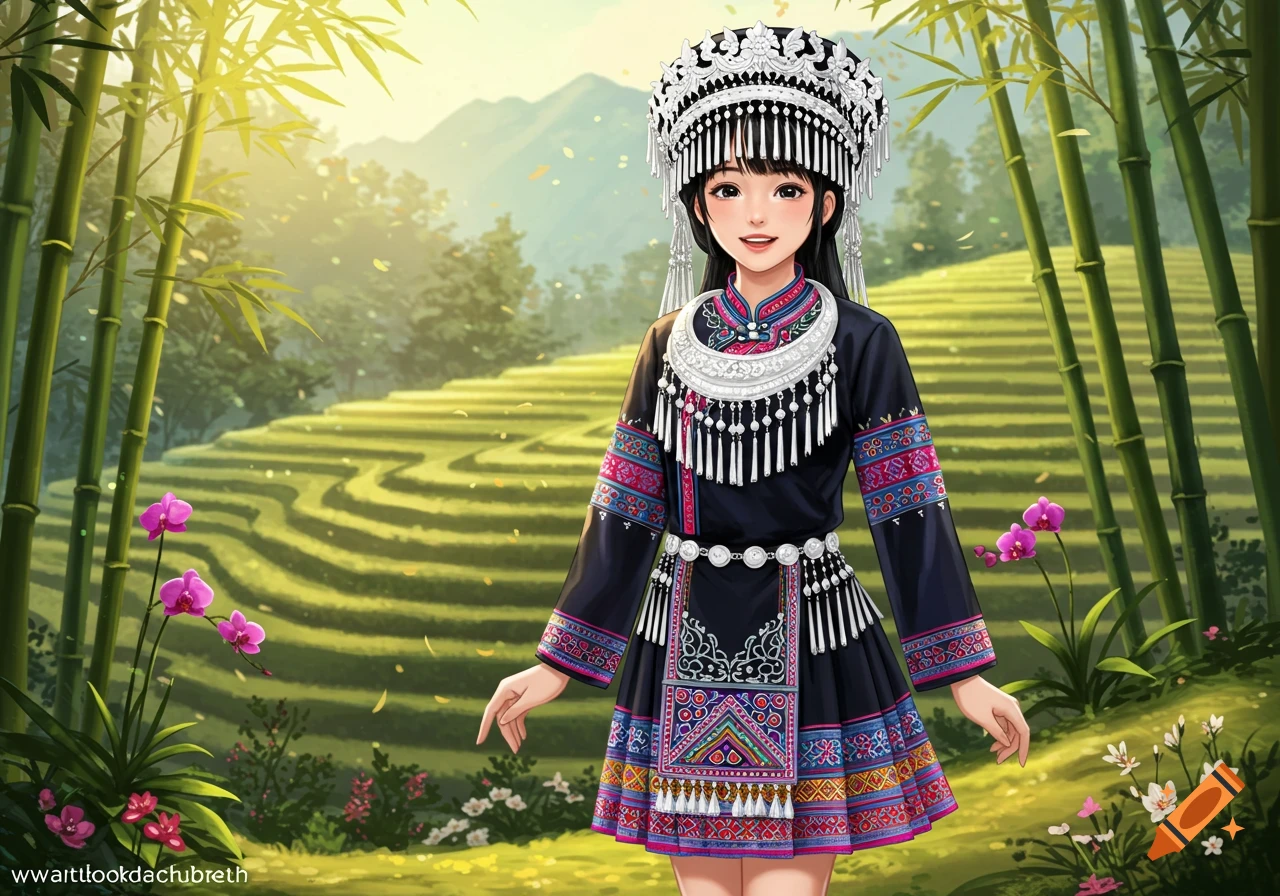 An anime-style illustration of a young woman in colorful Hmong traditional dress standing in a terraced field with bamboo.