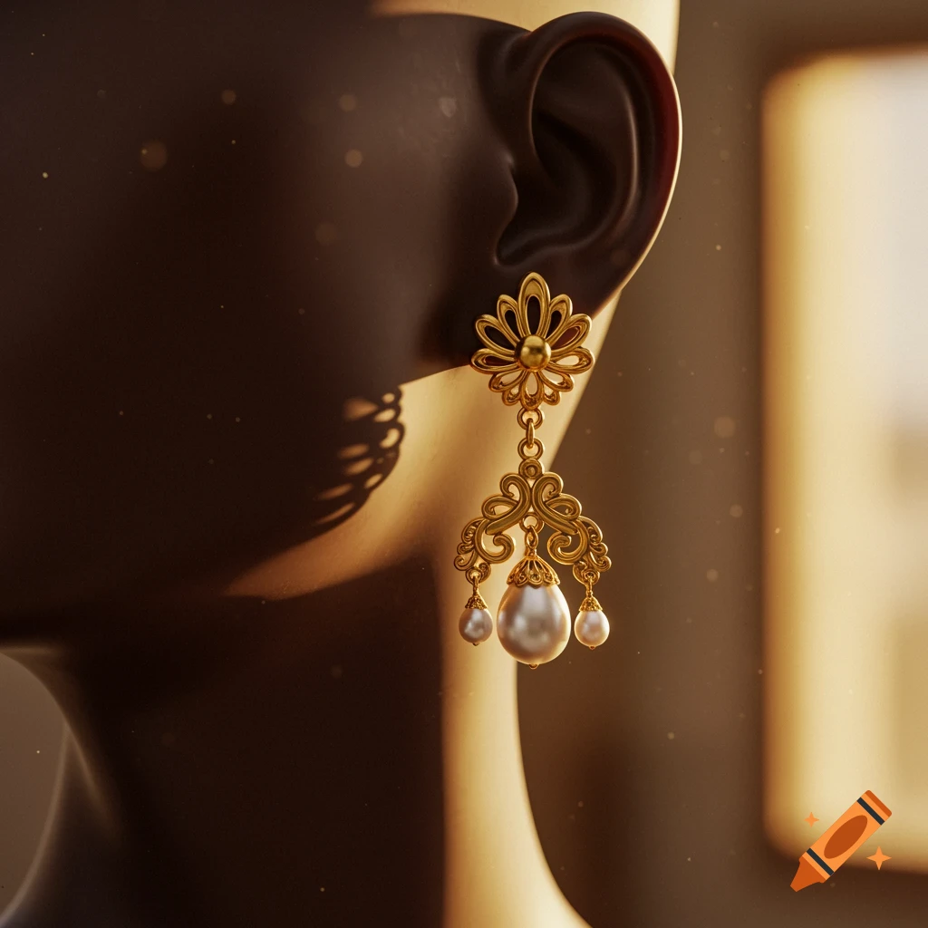 Close-up of a gold filigree earring with three white pearls on a dark mannequin ear, with warm, blurred background.