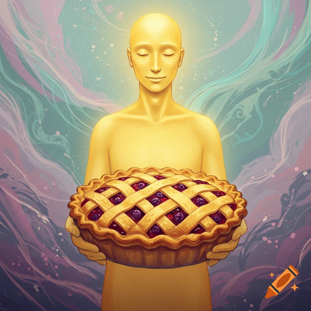 A stylized golden figure holds a large berry pie with a lattice crust against a swirling pastel and blue background.