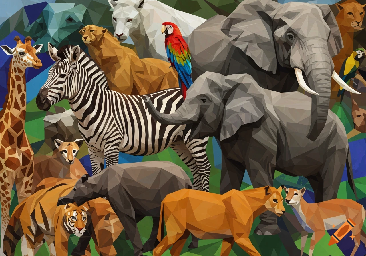 A vibrant cubist artwork featuring various animals like elephants, a zebra, a giraffe, lions, tigers, and parrots, in a lush setting.