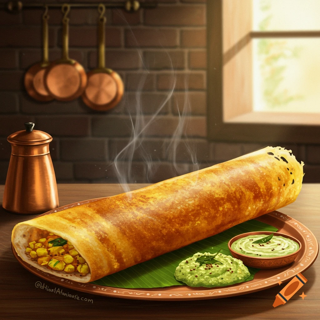A steaming masala dosa filled with potatoes and corn, served on a banana leaf with two chutneys in a kitchen setting.
