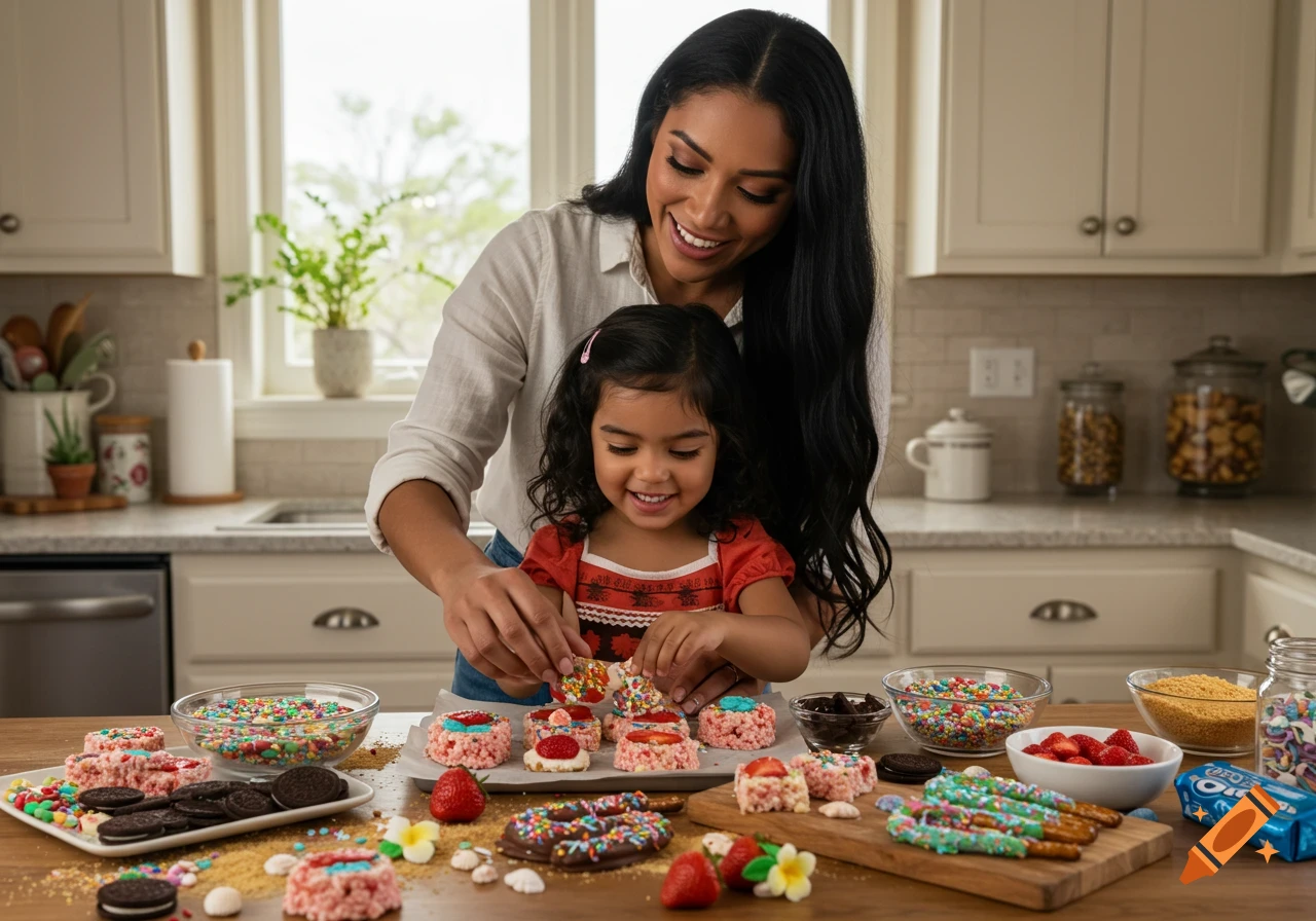 A mother and young daughter happily decorate colorful rice crispy treats and chocolate pretzels with sprinkles in a bright kitchen.