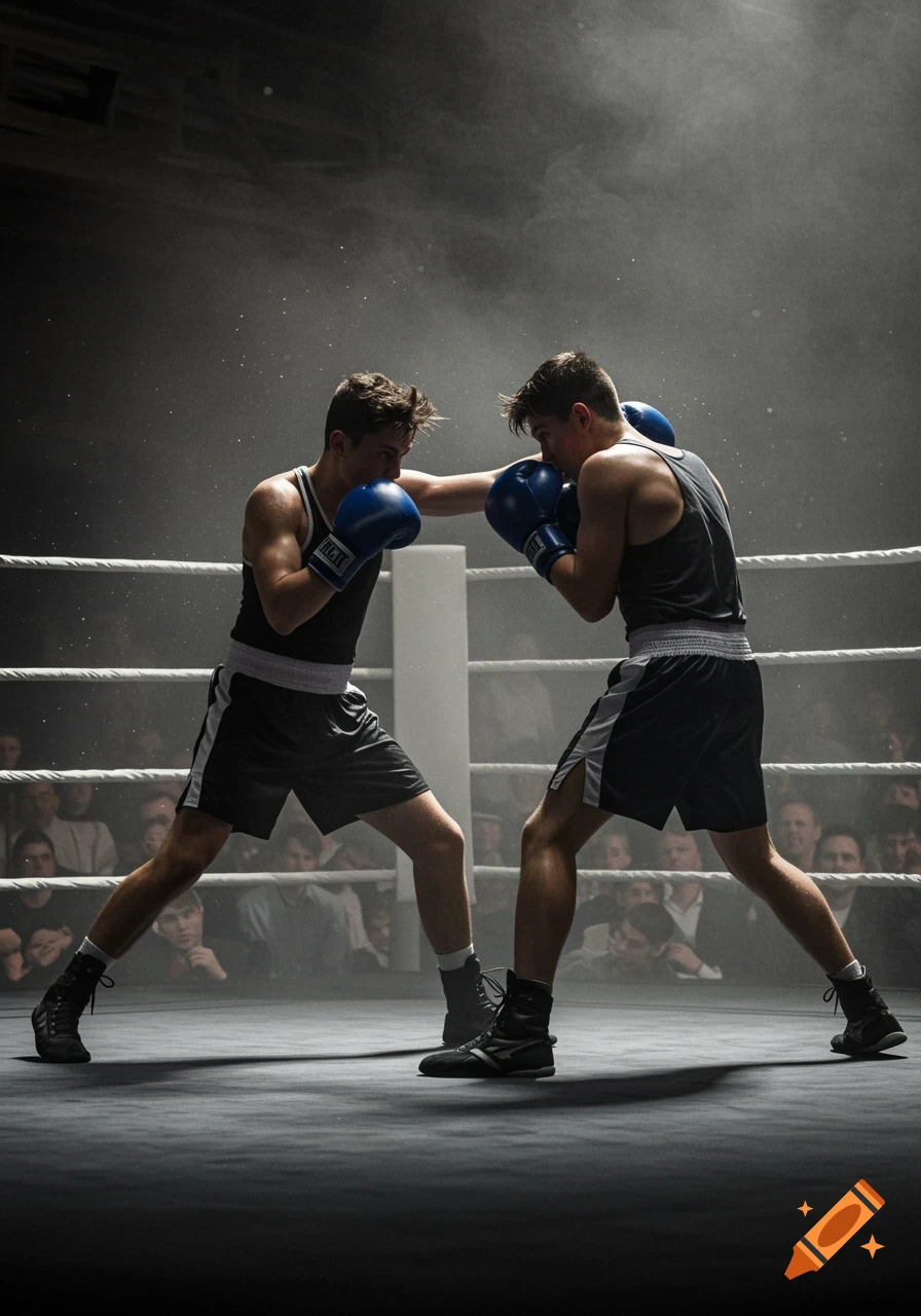 Two young male boxers with blue gloves in a ring, one throwing a punch, surrounded by a blurred crowd in a smoky, dramatic setting.