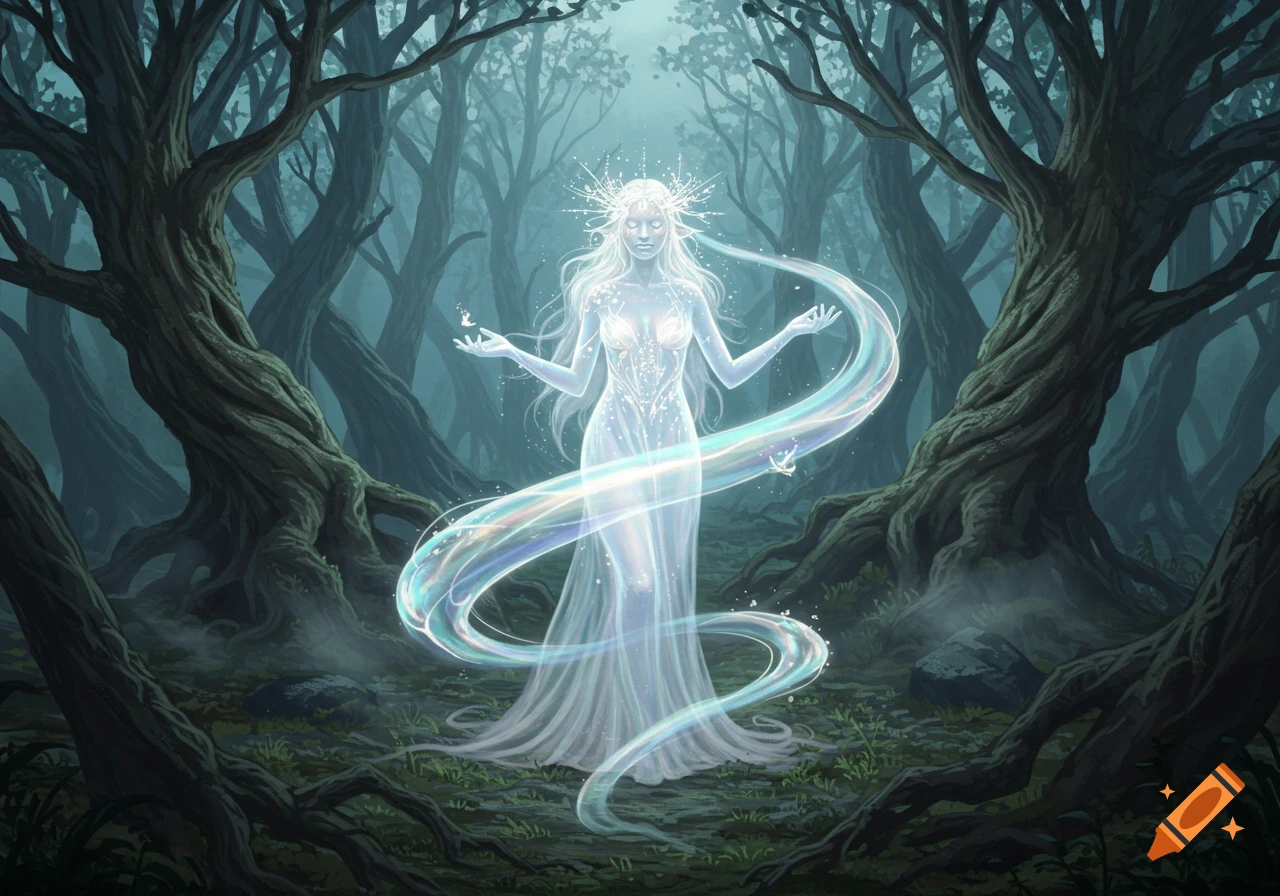 An ethereal glowing white spirit with a crown and flowing hair stands in a dark, mystical forest with twisted trees.