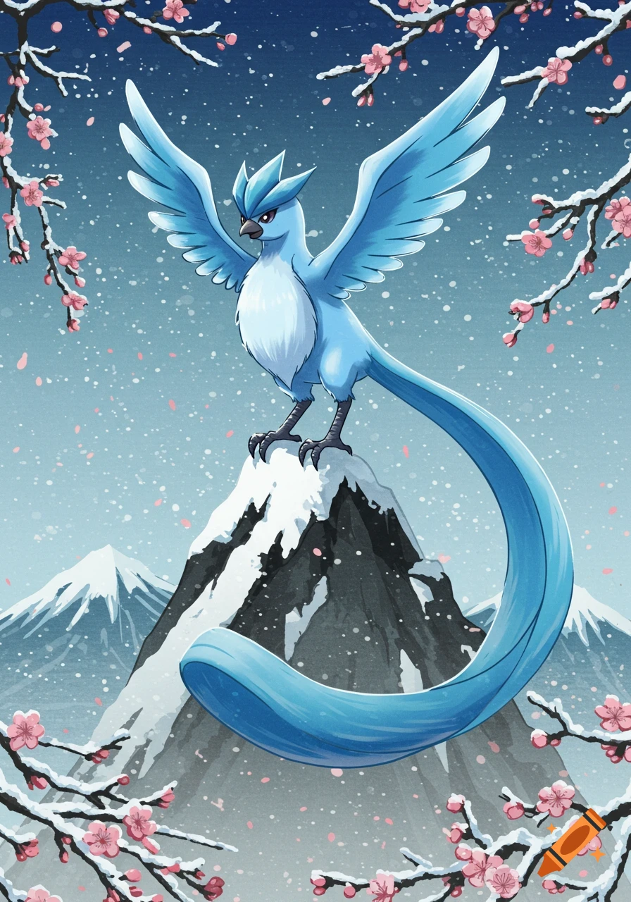 Ukiyo-e style illustration of a blue Articuno with spread wings standing on a snowy mountain peak with cherry blossoms.