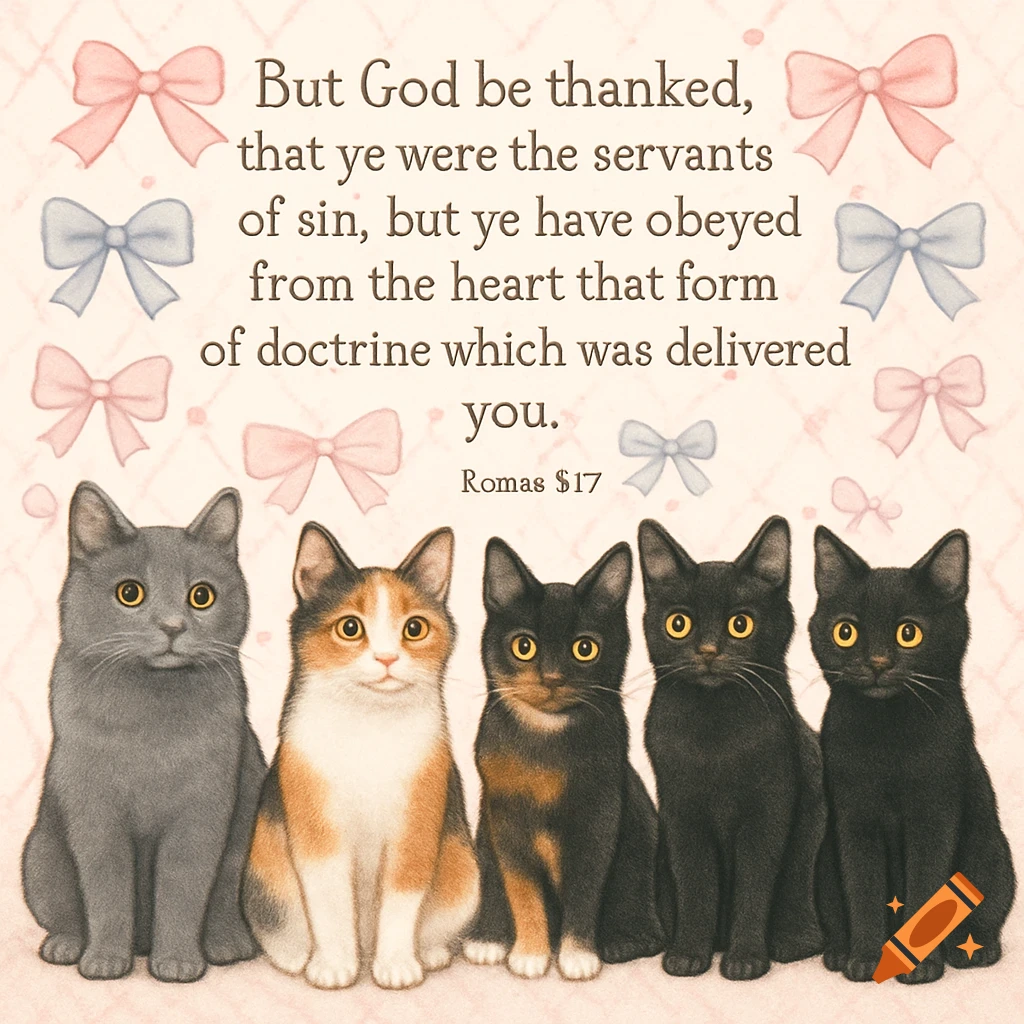 Five cats (grey, calico, three black) sit below a Bible verse, "But God be thanked...", with pink and blue bows on a light patterned background.