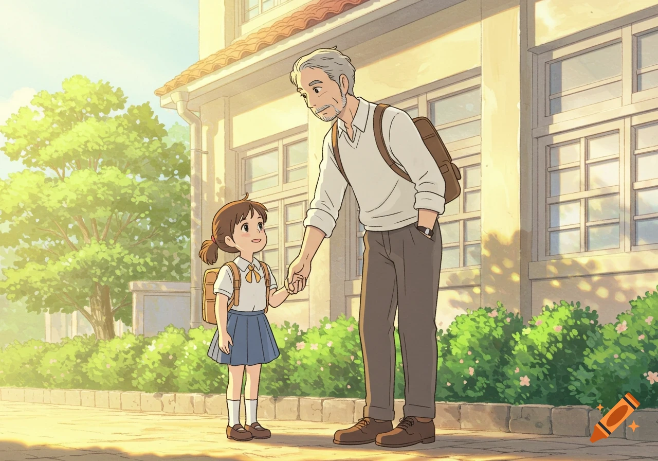 Miyazaki-style anime of an older man holding a young girl's hand outside a sunlit school building.