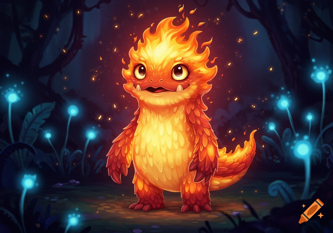 A cute, cartoon fire monster with a flaming head stands in a dark, magical forest with glowing blue plants.