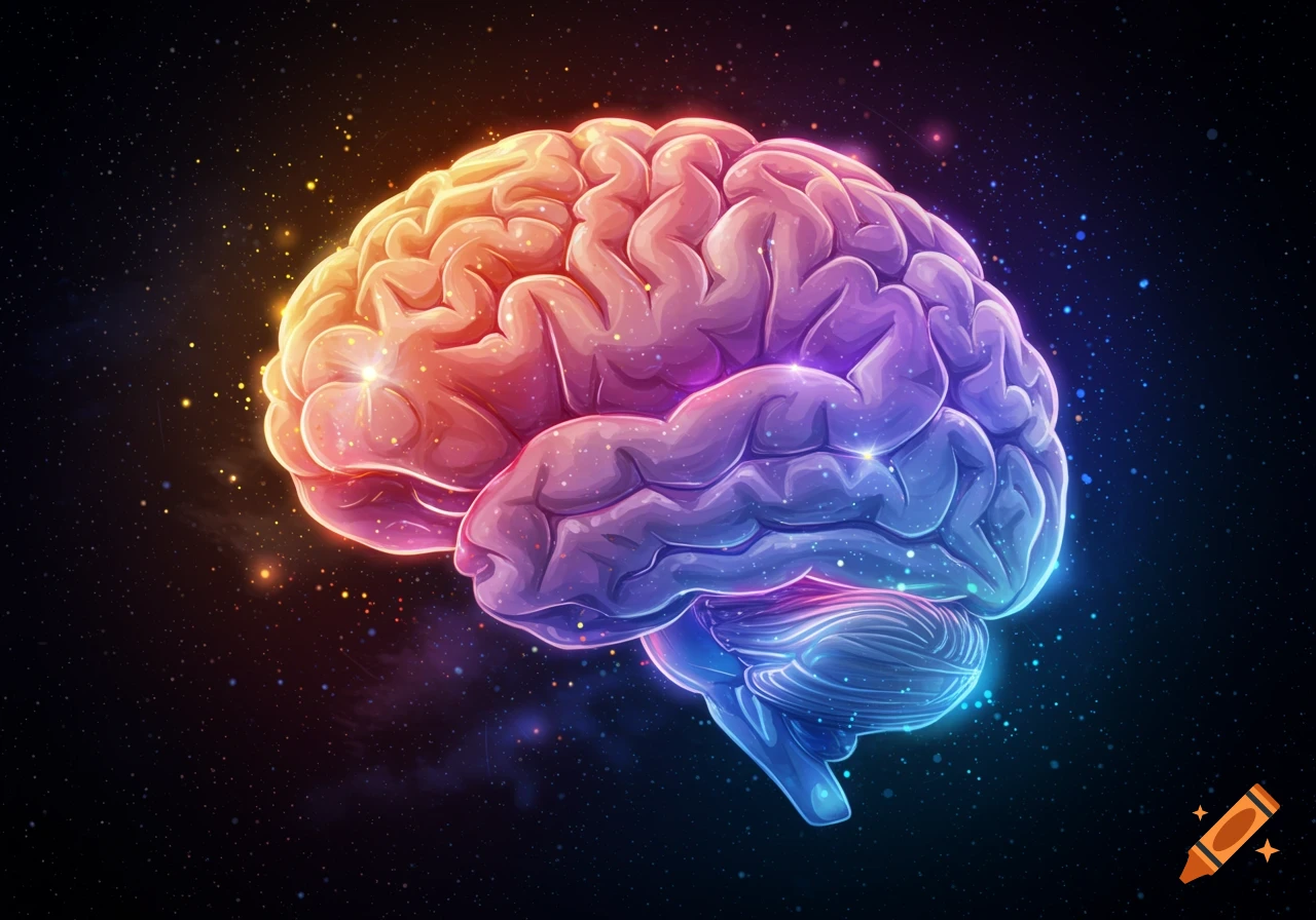 A vibrant, glowing human brain illustrated with a gradient of orange, pink, purple, and blue hues, set against a dark, star-filled cosmic background.