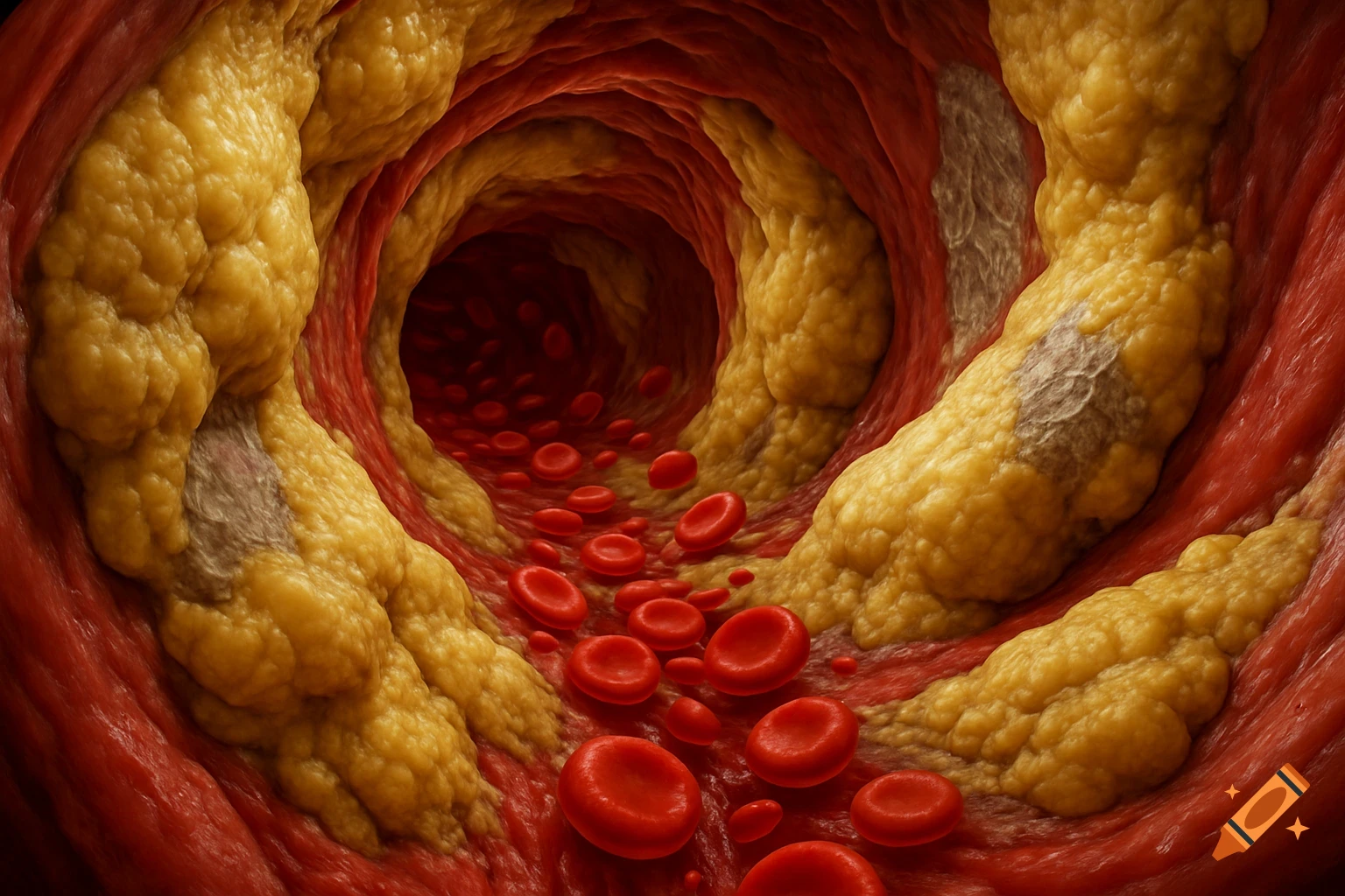 Photorealistic medical illustration of a human artery with severe yellow cholesterol plaque buildup, constricting the red blood cells flowing through.