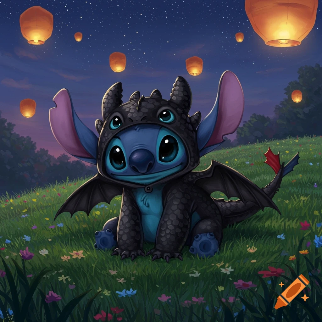 Cartoon illustration of Stitch wearing a Toothless dragon costume, sitting in a grassy field at night with floating lanterns.