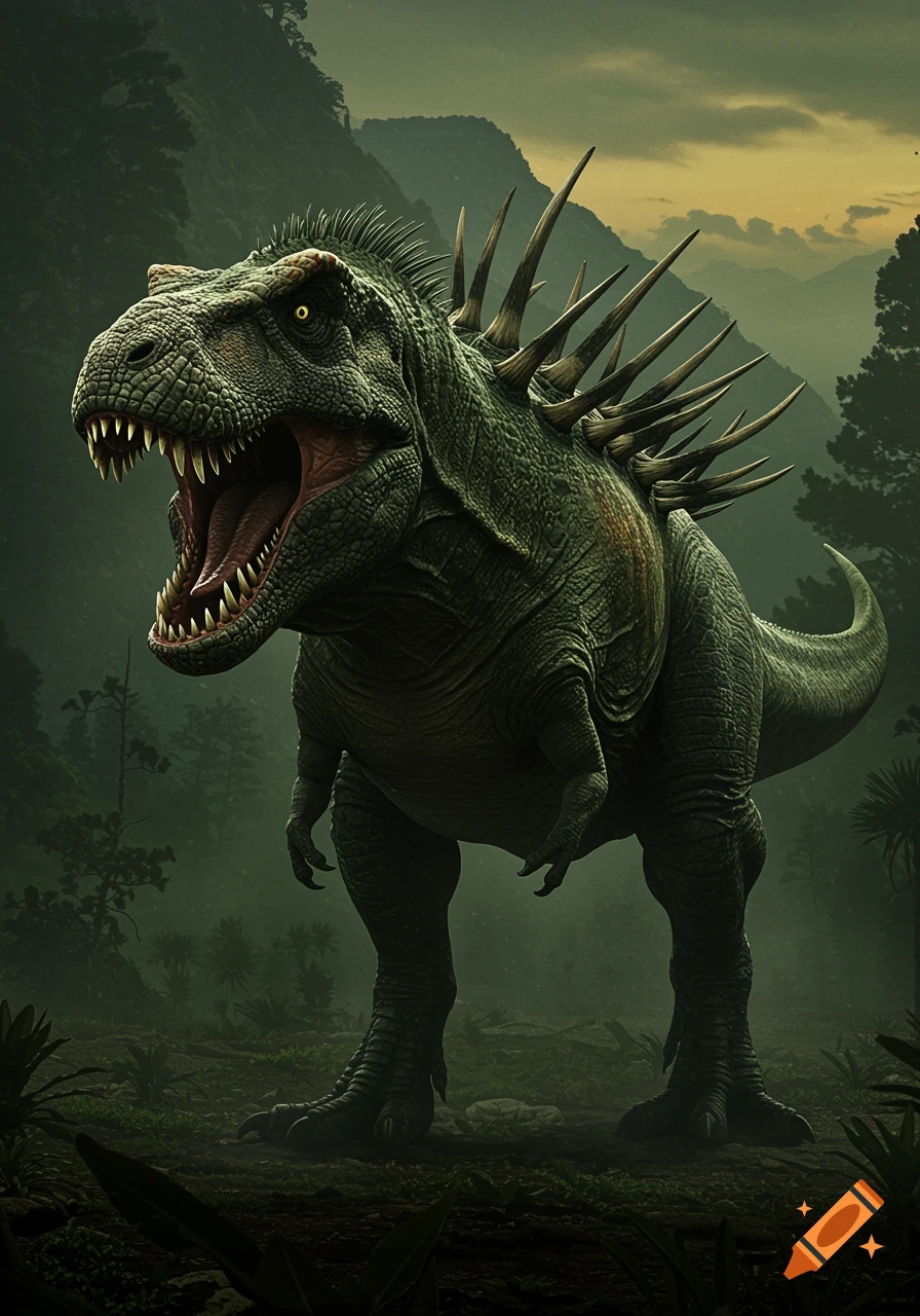 A large, green, spiky dinosaur-like creature with its mouth open, standing in a misty jungle.
