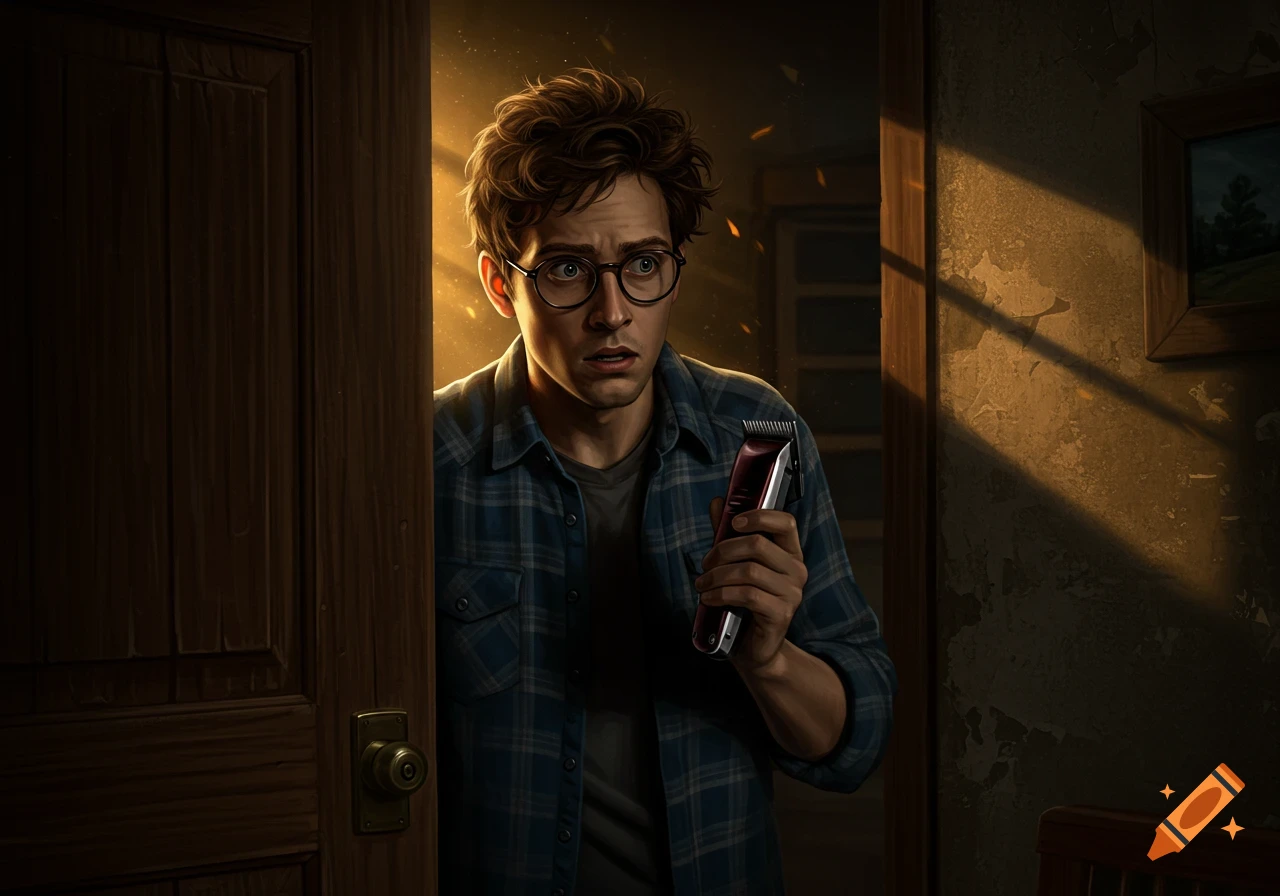 A man with glasses and curly hair peeks from behind a dark door, holding hair clippers, illuminated by golden light.