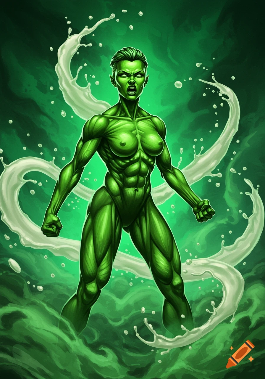 Muscular green-skinned female character with a fierce expression, surrounded by white liquid splashes, in a comic book art style.