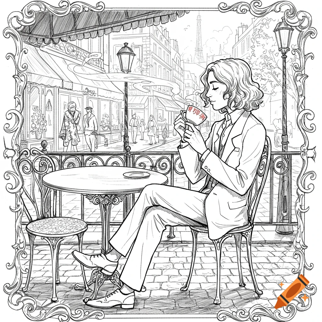 Black and white line art illustration of a person drinking coffee at an outdoor Parisian cafe with the Eiffel Tower in the background.