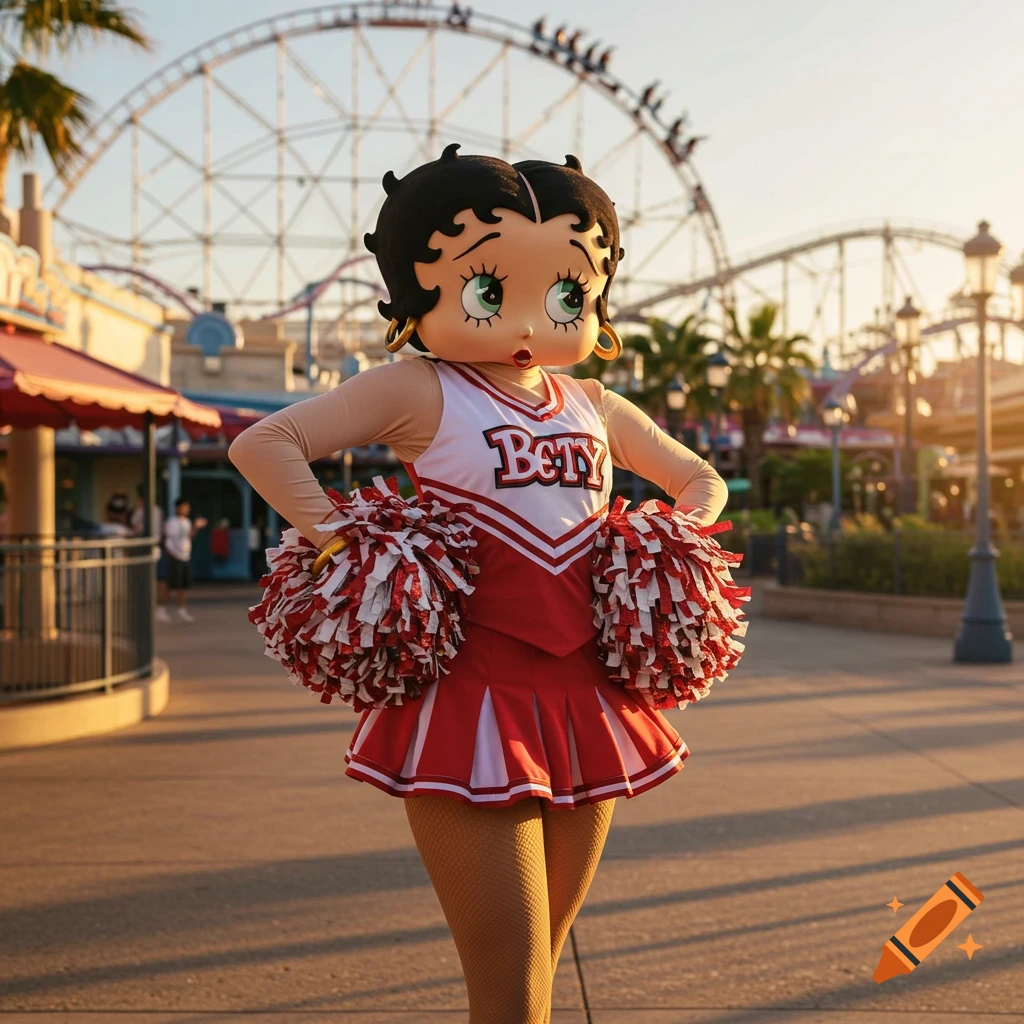 A performer in a Betty Boop mascot costume, wearing a red and white cheerleader outfit, stands in a sunny theme park.