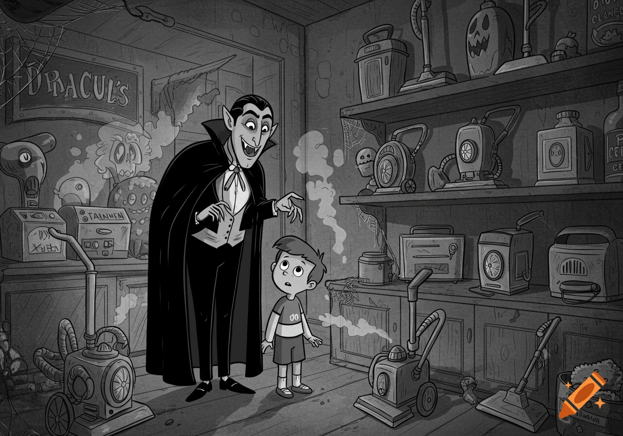 A black and white cartoon shows Dracula in a long cape speaking to a wide-eyed boy in a spooky, cobweb-filled vacuum store.