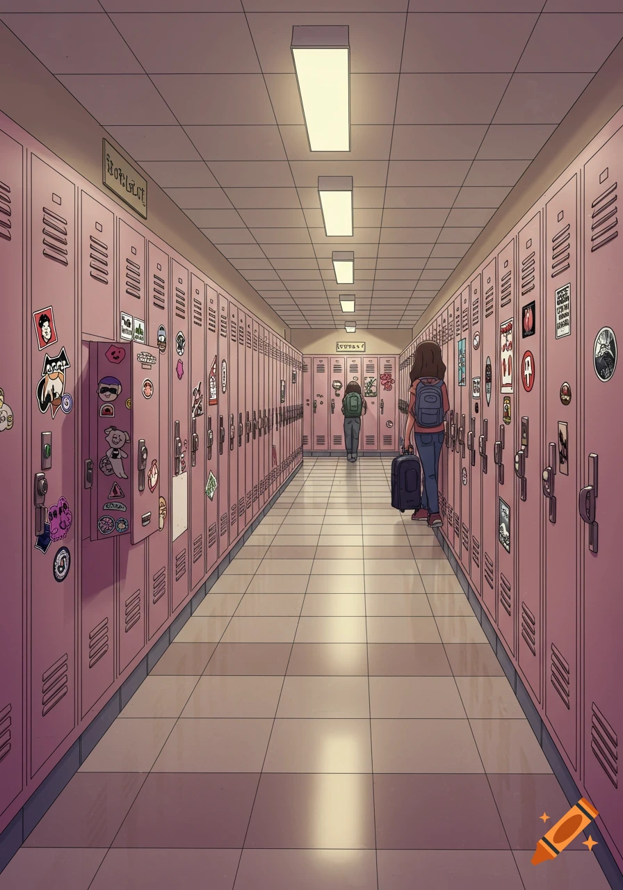A long school hallway lined with pink lockers covered in stickers, seen from behind two students walking away.