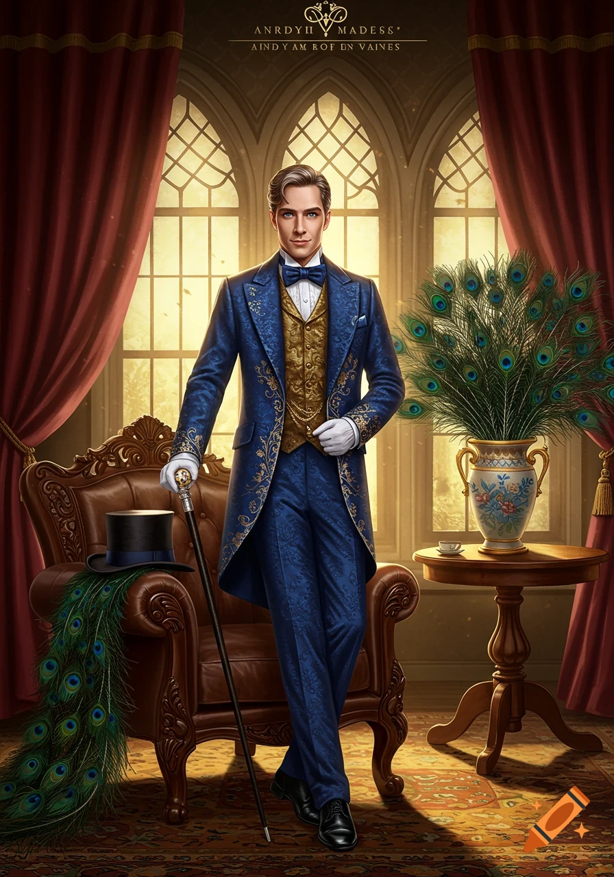 A dapper man in a blue and gold tailcoat stands by a chair and peacock feathers in a lavish room.