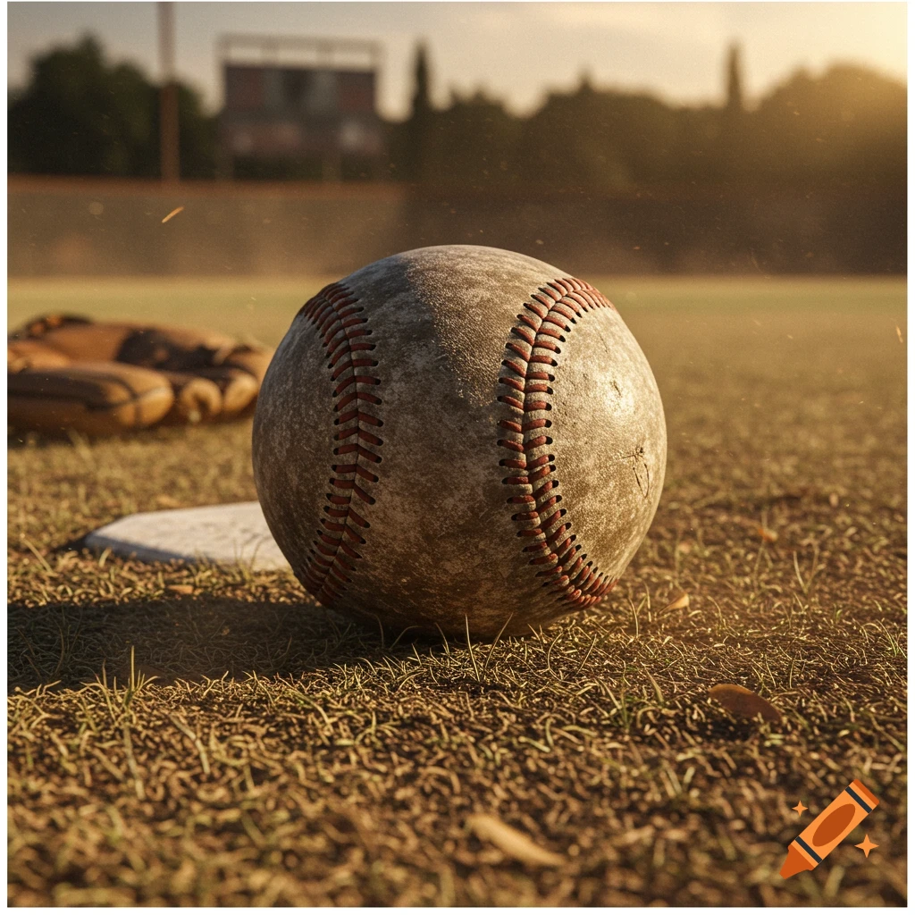Close-up of a dirty, scuffed baseball on a grassy field with a baseplate and glove, bathed in golden hour light.