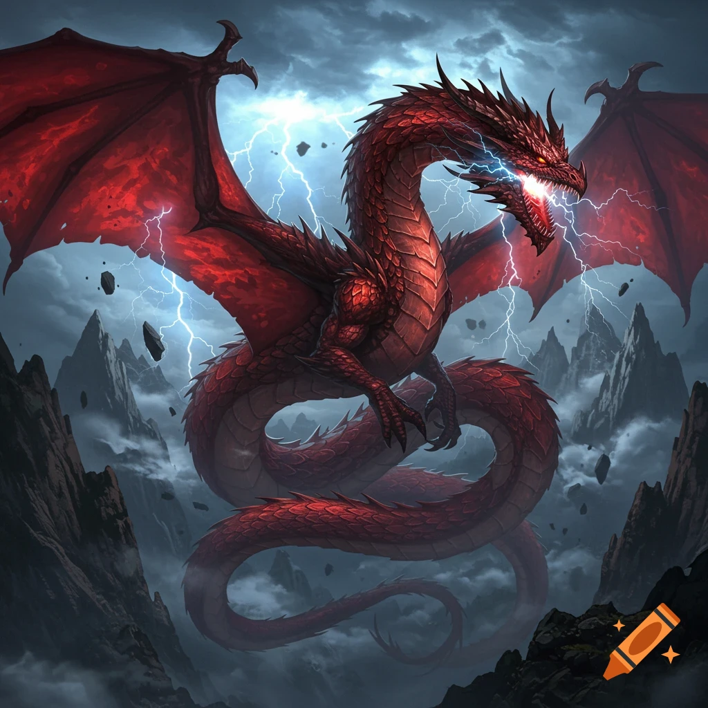 A majestic red dragon hovers amidst a stormy, mountainous landscape, emitting bright blue lightning from its mouth. Detailed fantasy art.