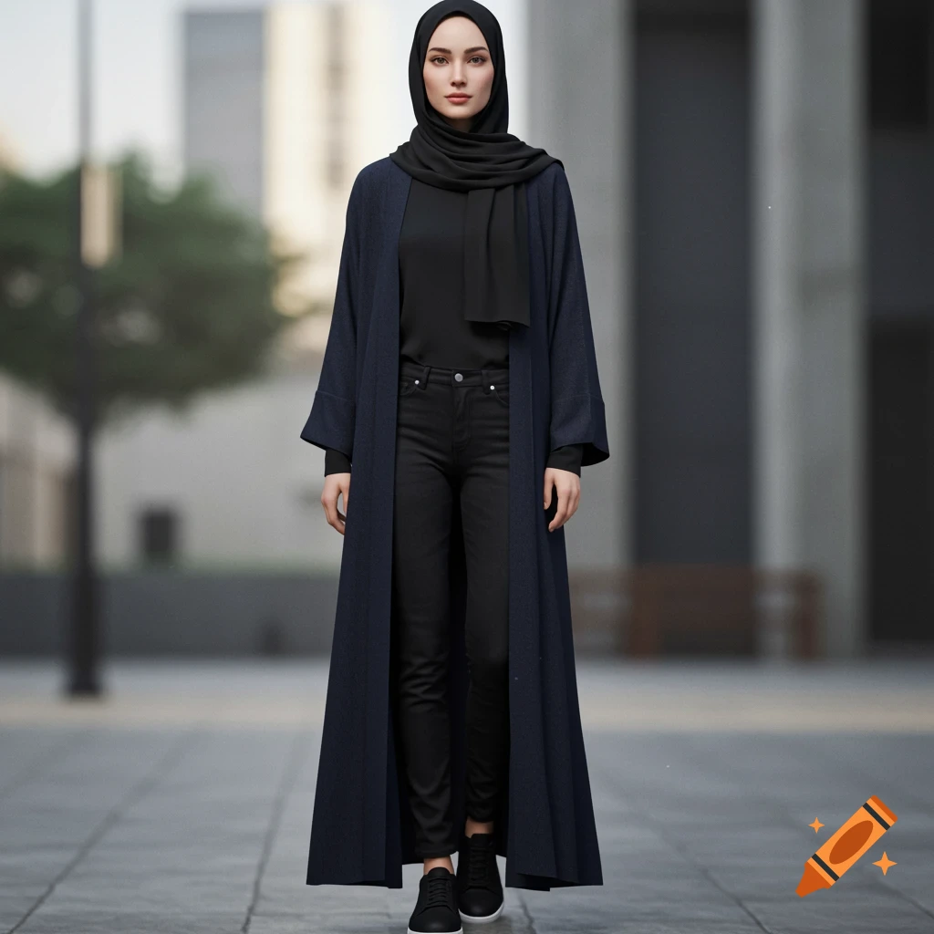 Photorealistic portrait of a woman in a black hijab, dark navy blue abaya, black jeans, and trainers outdoors.