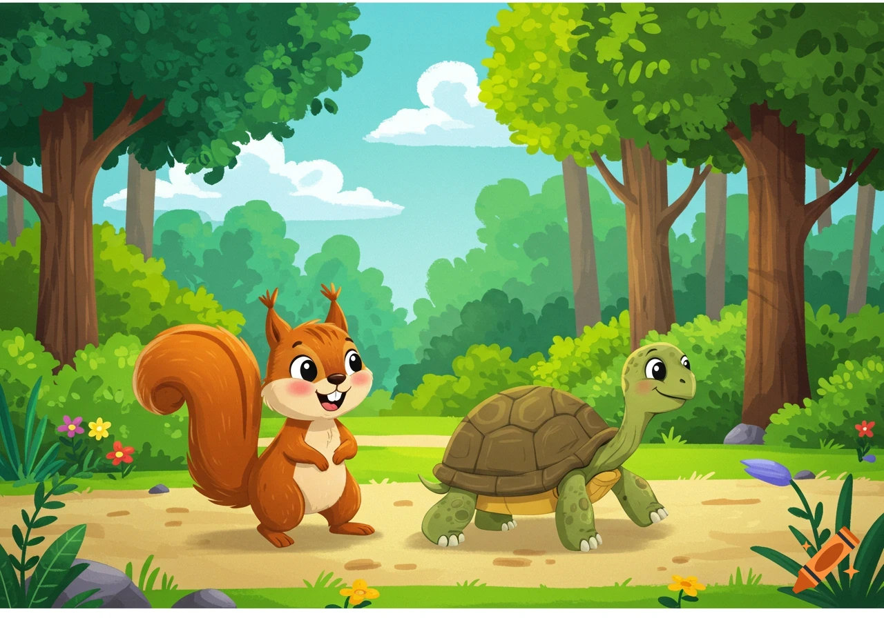 A cheerful cartoon squirrel walks next to a smiling cartoon turtle on a forest path, surrounded by trees and flowers.