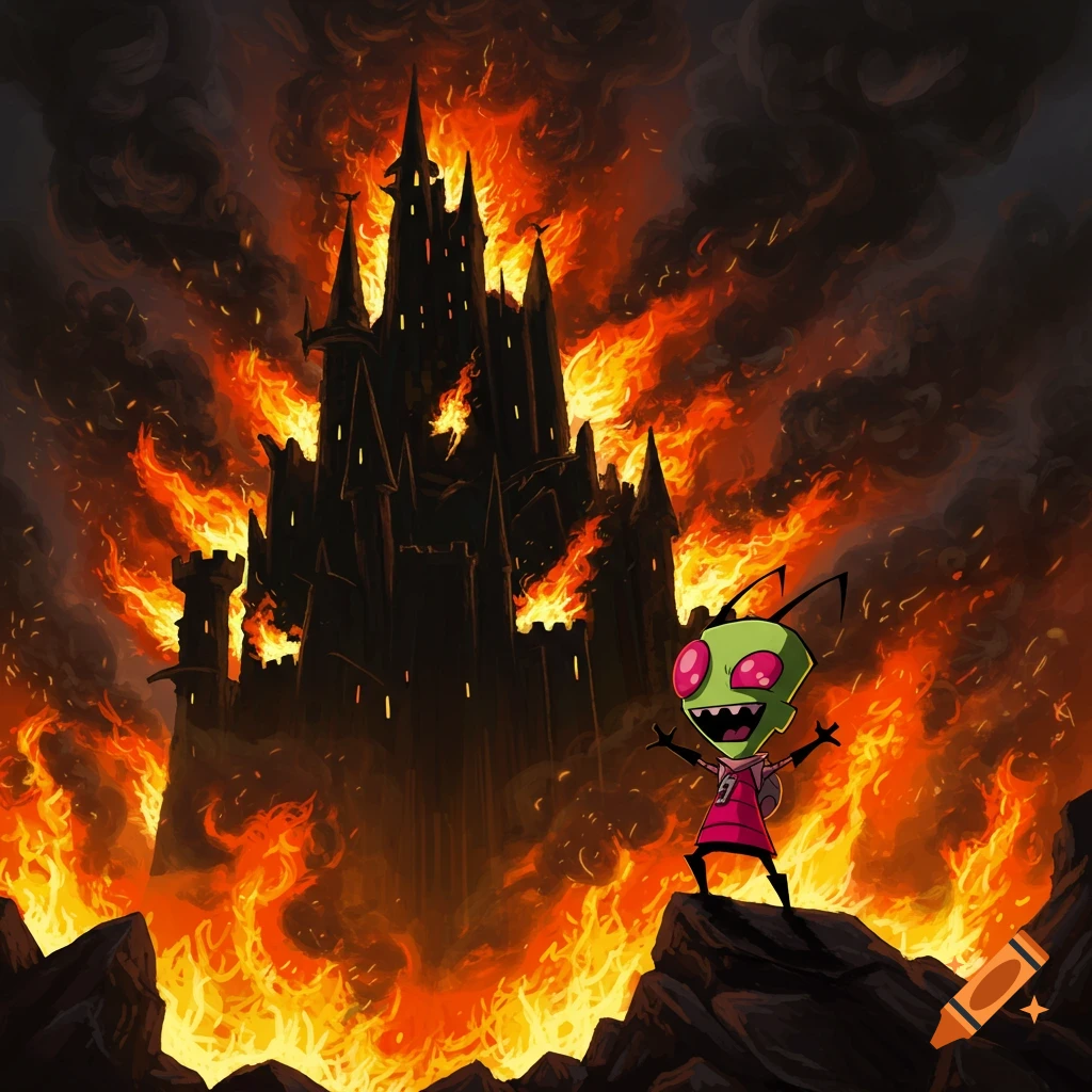 Invader Zim stands on rocks, celebrating in front of a dark castle engulfed in cartoonish flames.