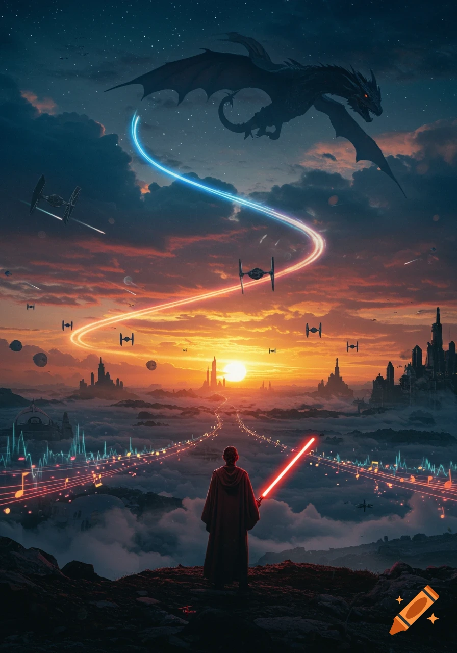 A Jedi-like figure with a red lightsaber stands on a cliff, overlooking futuristic cities and musical notes, as a dragon flies above TIE fighters under a sunset sky.