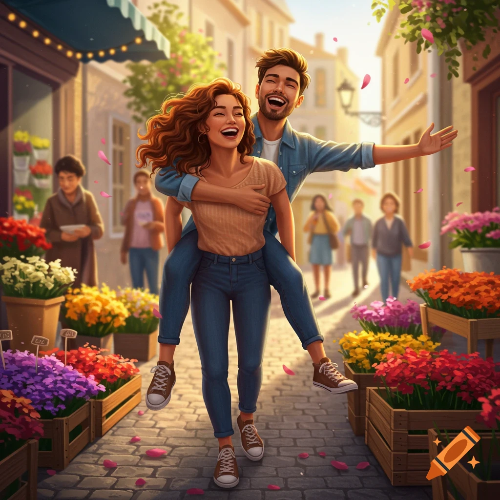 A man laughs while getting a piggyback ride from a woman through a bright, sunlit market street filled with vibrant flowers.