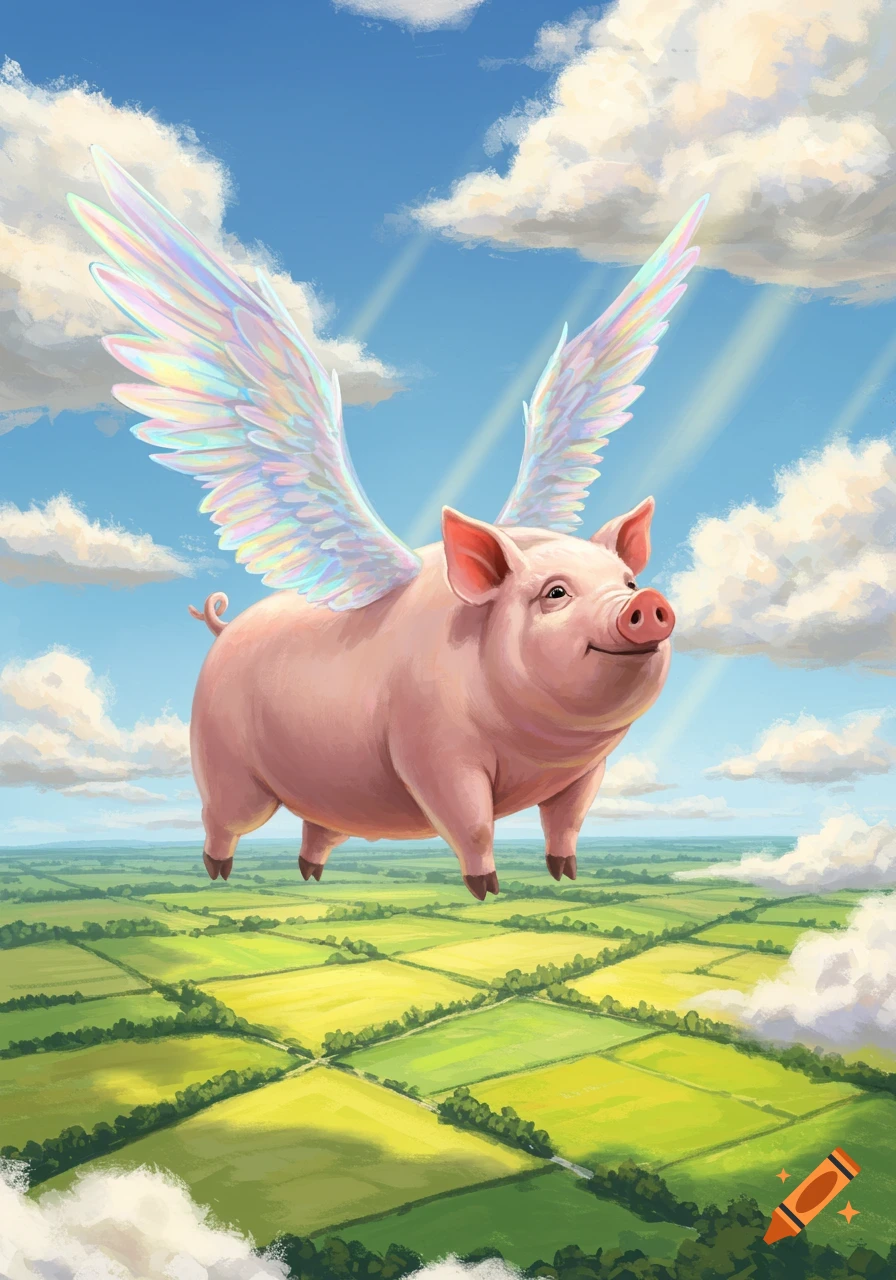 A whimsical pink pig with iridescent wings soars through a bright blue sky filled with white clouds above green farmland.