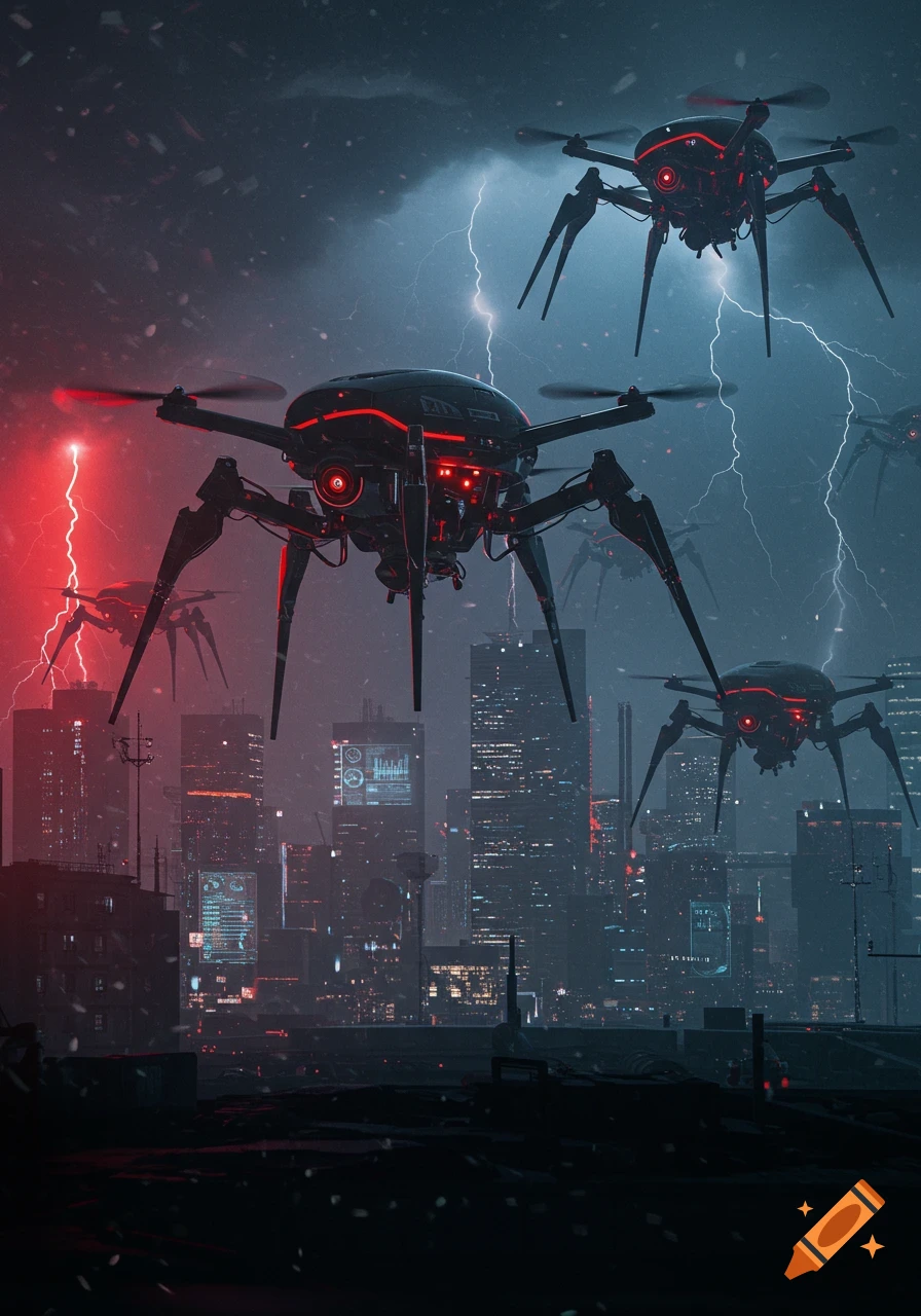 Black spider-like drones with red lights fly over a rainy cyberpunk city at night with lightning.
