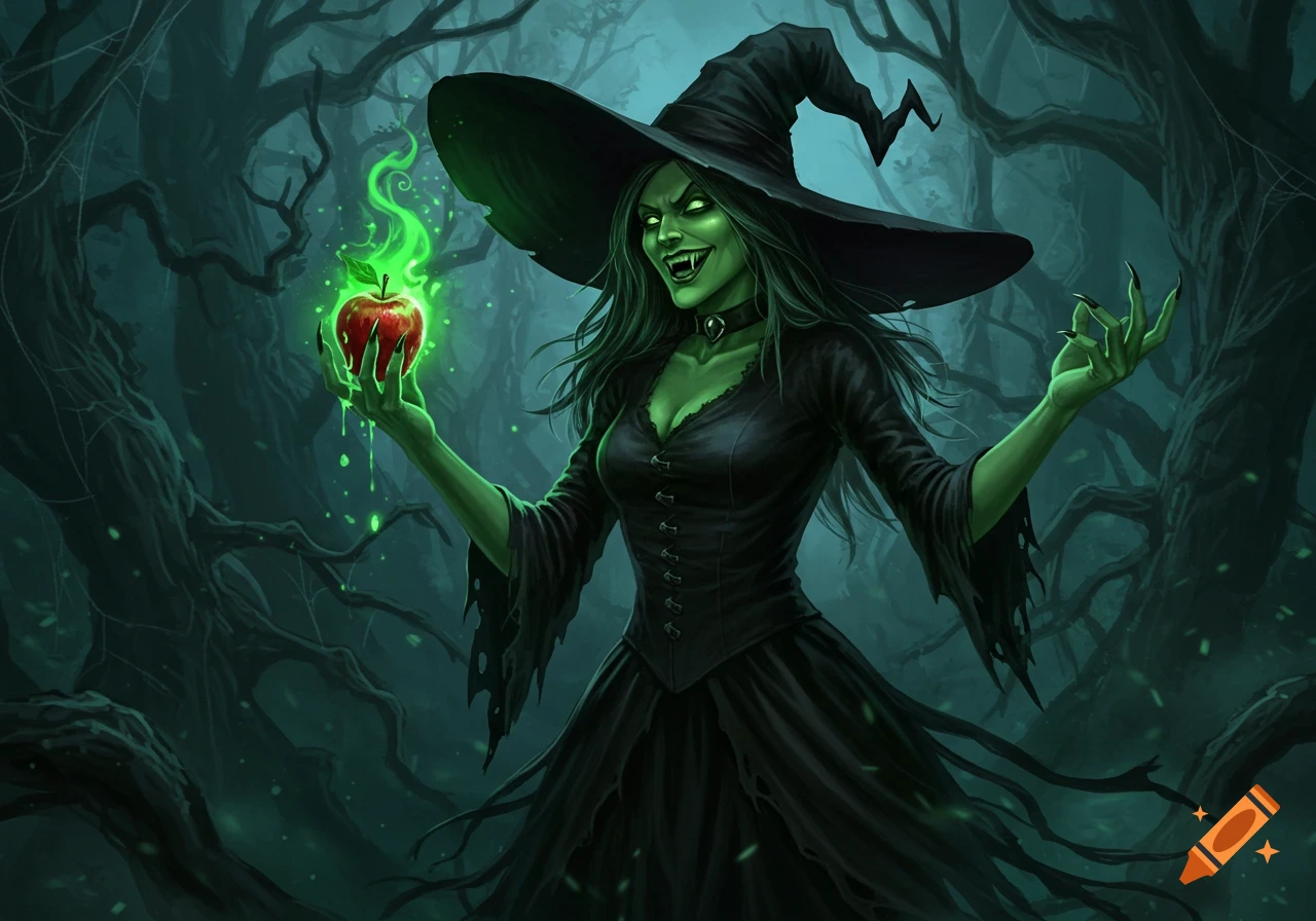 A green-skinned evil witch in a black dress and hat holds a glowing, poisoned red apple in a dark, gnarled forest.