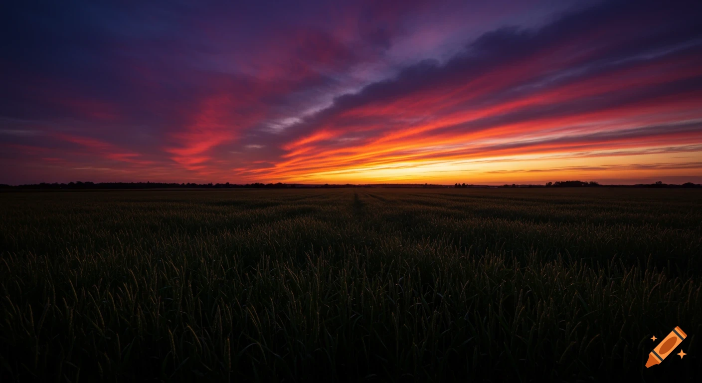 A dramatic sunset over a vast field, with vibrant orange, red, and purple clouds stretching across the sky. Photorealistic style.