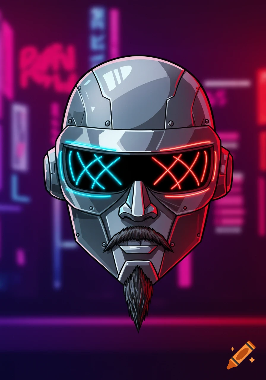 Cartoon robot head with a metal goatee and mustache, glowing blue and red cross-shaped eyes, against a blurred neon city background.