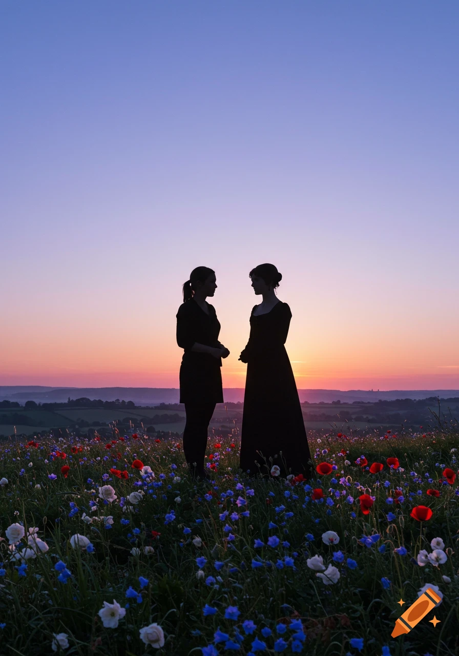 Two women silhouetted in a field of wildflowers against a vibrant sunset sky.
