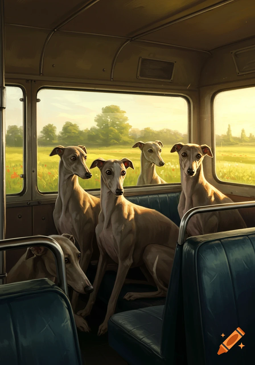 Several greyhound dogs look out the windows of a bus at a sunny, green field.