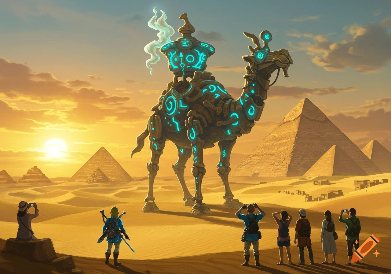 A large, glowing blue robotic camel-like creature stands in a desert with pyramids under a sunset, as people look on and take photos.