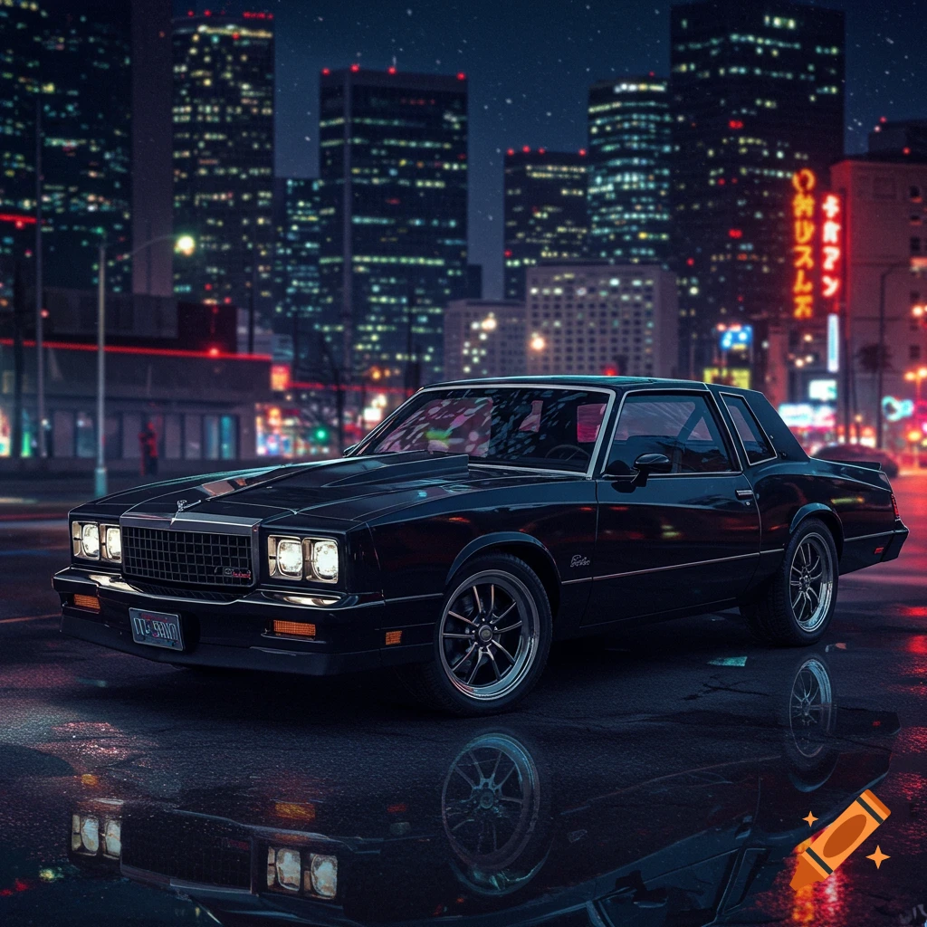 A black 1978 Chevrolet Monte Carlo is parked on a wet city street at night, with illuminated skyscrapers in the background.
