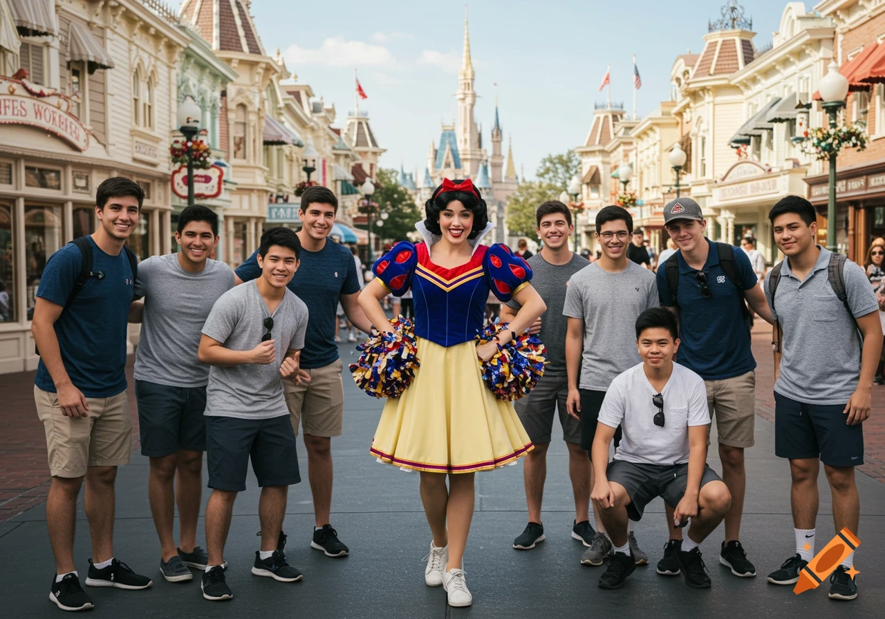 A person dressed as Snow White in a cheerleader outfit poses with a group of smiling teenage boys on Main Street U.S.A. at Walt Disney World, with Cinderella Castle in the background.
