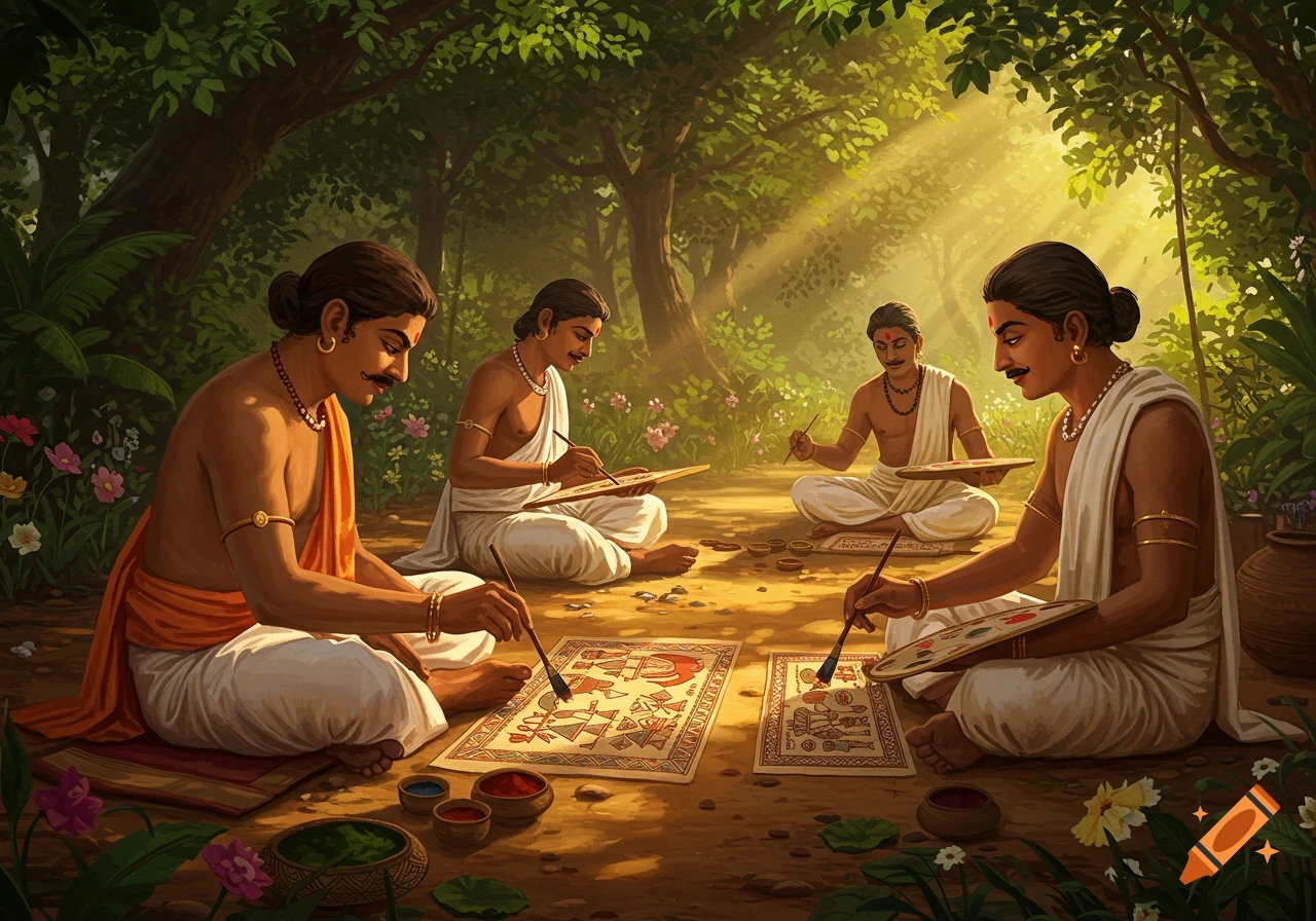 Four men in traditional attire sit in a sun-dappled forest clearing, painting intricate Madhubani art on canvases.